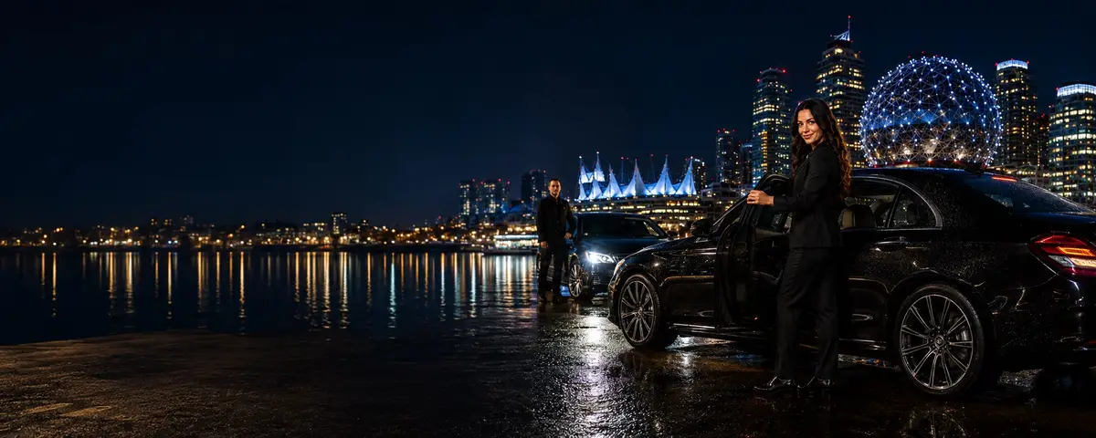 NightCrew driver and client beside their car at night with the Vancouver waterfront behind